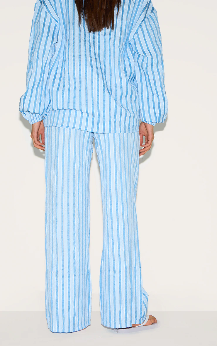 Blue Striped Textured Tie Drawstring Wide Leg Trousers 3 Blue Striped Textured Tie Drawstring Wide Leg Trousers