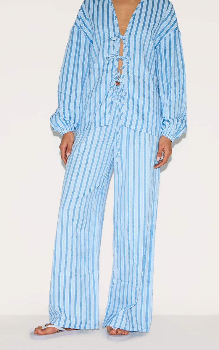 Blue Striped Textured Tie Drawstring Wide Leg Trousers 5 Blue Striped Textured Tie Drawstring Wide Leg Trousers