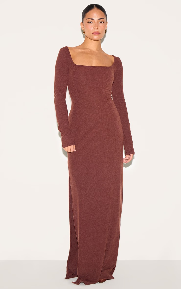Petite Chocolate Ribbed Long Sleeve Maxi Dress 1 Petite Chocolate Ribbed Long Sleeve Maxi Dress