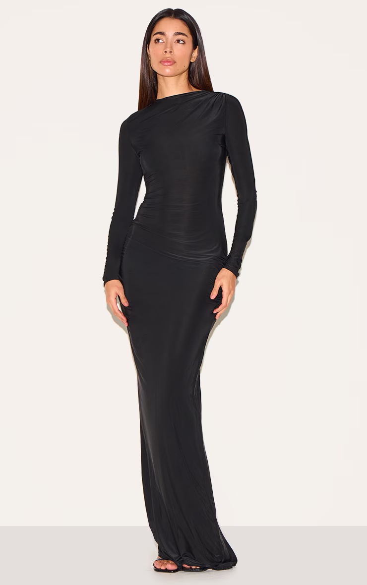 Black Slinky Long Sleeve Open Back Maxi Dress 4 Black Slinky Long Sleeve Open Back Maxi Dress