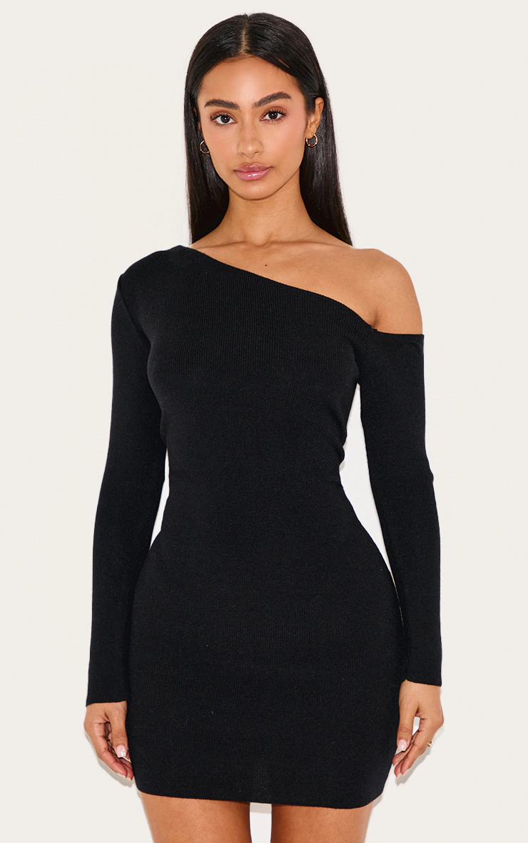 Petite Black Asymmetric Shoulder Ribbed Mini Dress 4 Petite Black Asymmetric Shoulder Ribbed Mini Dress