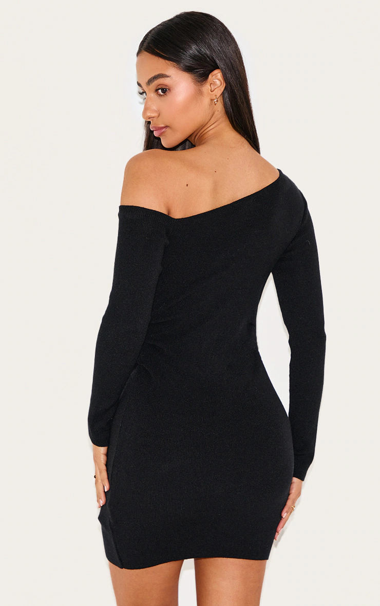 Petite Black Asymmetric Shoulder Ribbed Mini Dress 5 Petite Black Asymmetric Shoulder Ribbed Mini Dress