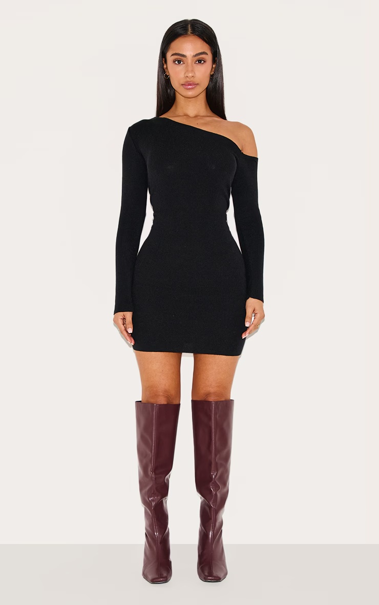 Petite Black Asymmetric Shoulder Ribbed Mini Dress 6 Petite Black Asymmetric Shoulder Ribbed Mini Dress
