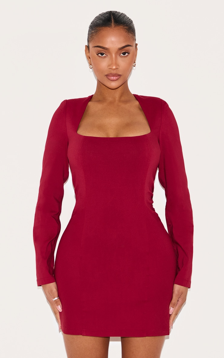 Shape Berry Stretch Woven Square Neck Long Sleeve Ruched Waist Mini Dress 4 Shape Berry Stretch Woven Square Neck Long Sleeve Ruched Waist Mini Dress