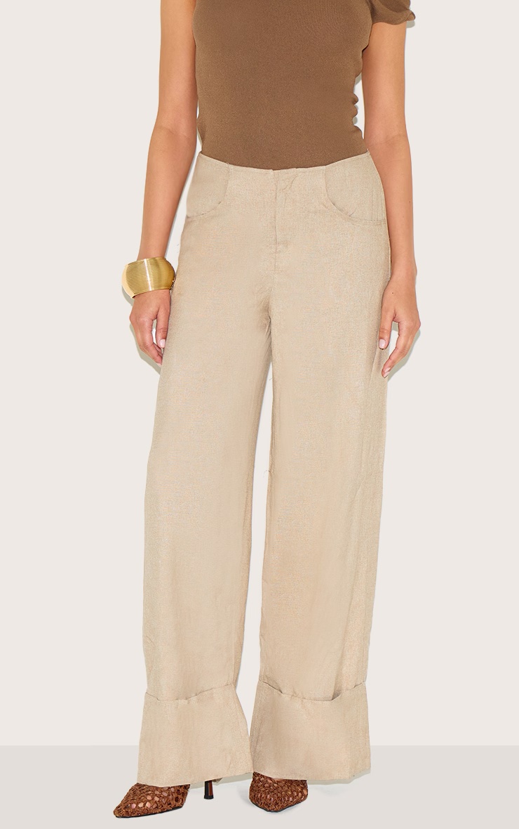 Petite Natural Stone Invisible Waistband Wide Leg Turn Up Trousers 2 Petite Natural Stone Invisible Waistband Wide Leg Turn Up Trousers