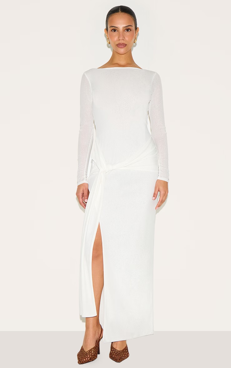 Petite White Long Sleeve Sheer Tie Front Maxi Dress 4 Petite White Long Sleeve Sheer Tie Front Maxi Dress