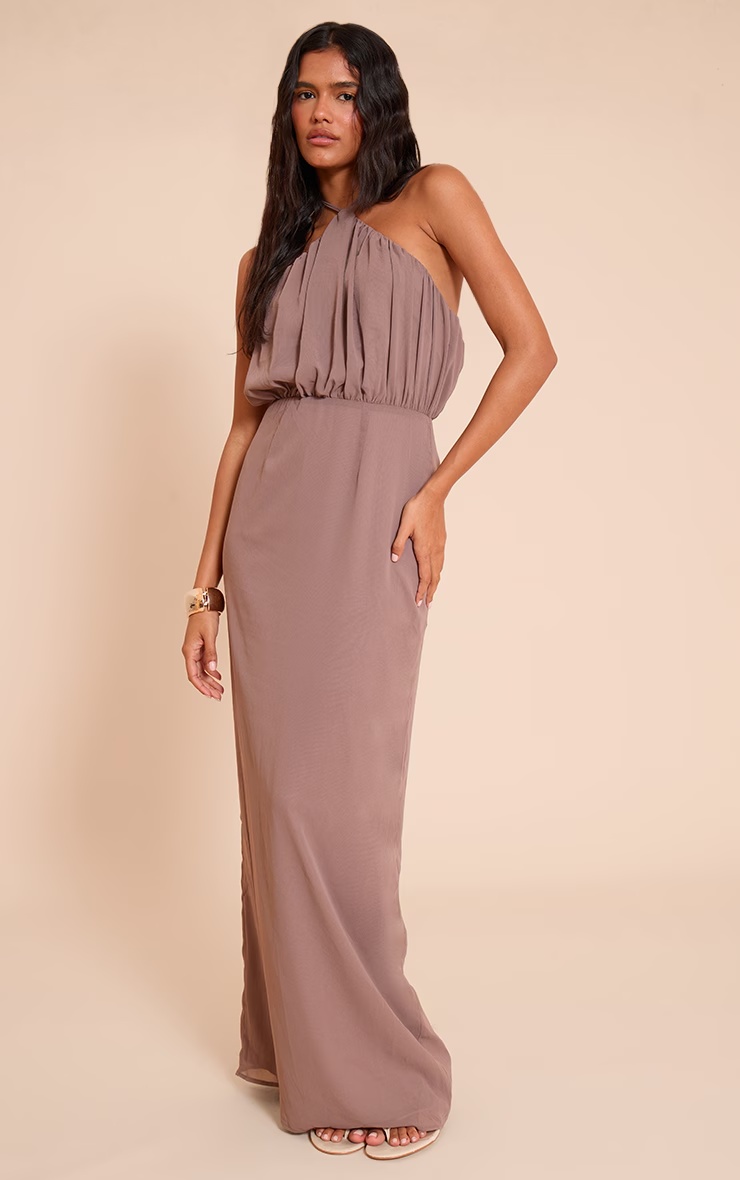 Taupe Chiffon Halter Neck Maxi Dress 4 Taupe Chiffon Halter Neck Maxi Dress