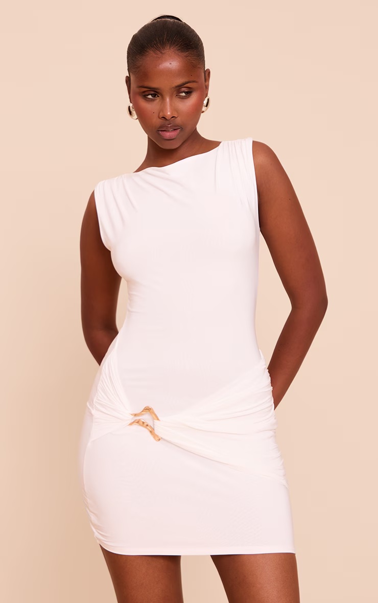 White Slinky Ruched Trim Detail Mini Dress 1 White Slinky Ruched Trim Detail Mini Dress