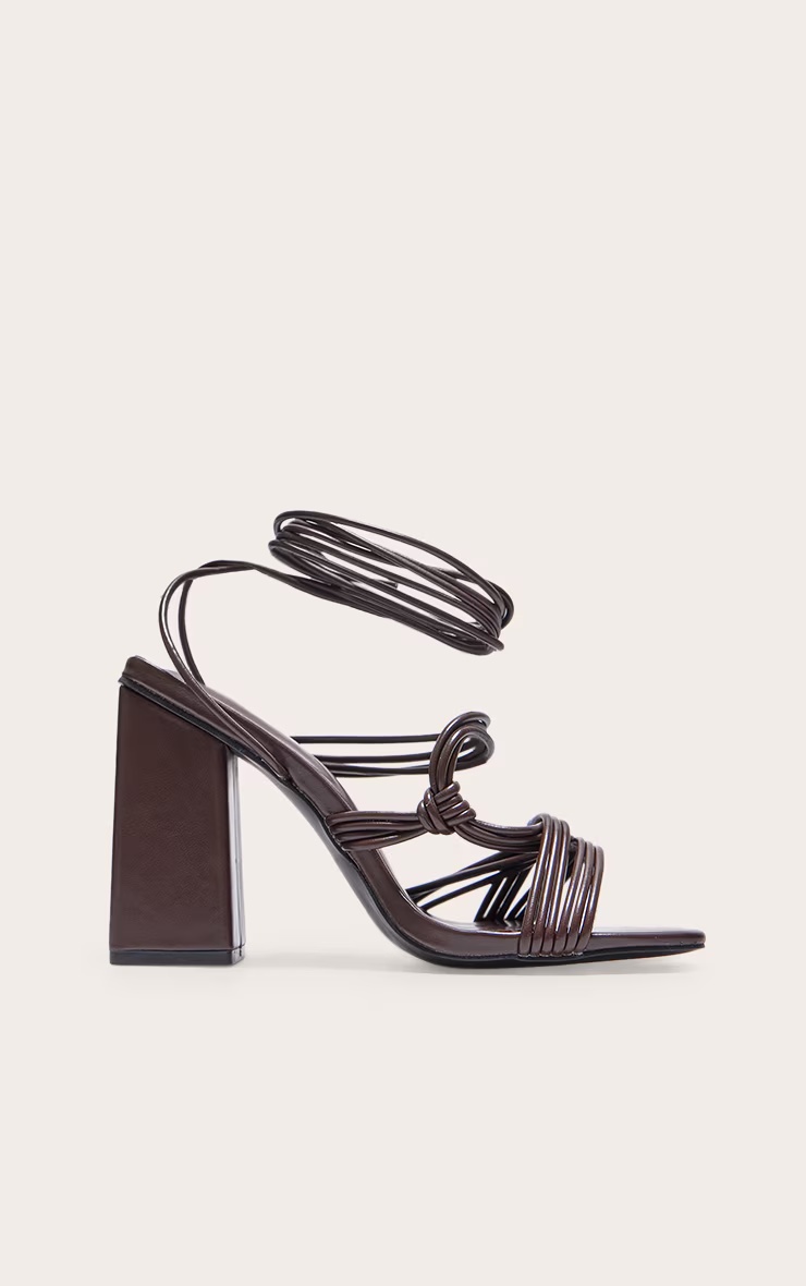 Chocolate Pu Square Toe Strappy Lace Up Block Heeled Sandals