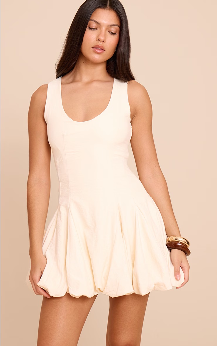 Cream Textured Scoop Neck Puffball Dress