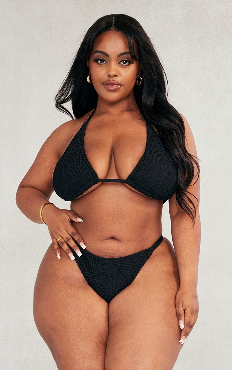 Plus Black Textured Triangle Bikini Top