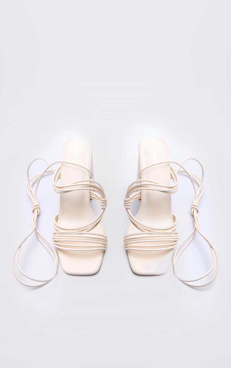 Cream PU Square Toe Strappy Lace Up Block Heeled Sandals 3 Cream PU Square Toe Strappy Lace Up Block Heeled Sandals