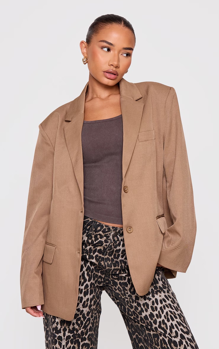Petite Taupe Woven Oversized Blazer 1 Petite Taupe Woven Oversized Blazer