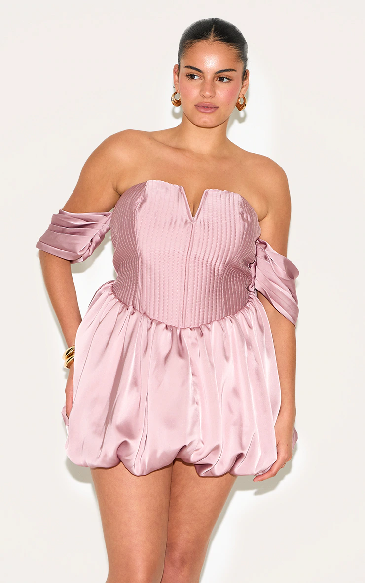 Plus Rose Satin Puffball Bardot Shift Dress 1 Plus Rose Satin Puffball Bardot Shift Dress