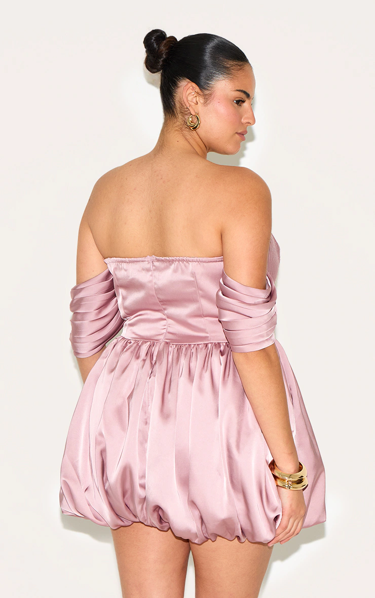 Plus Rose Satin Puffball Bardot Shift Dress 2 Plus Rose Satin Puffball Bardot Shift Dress