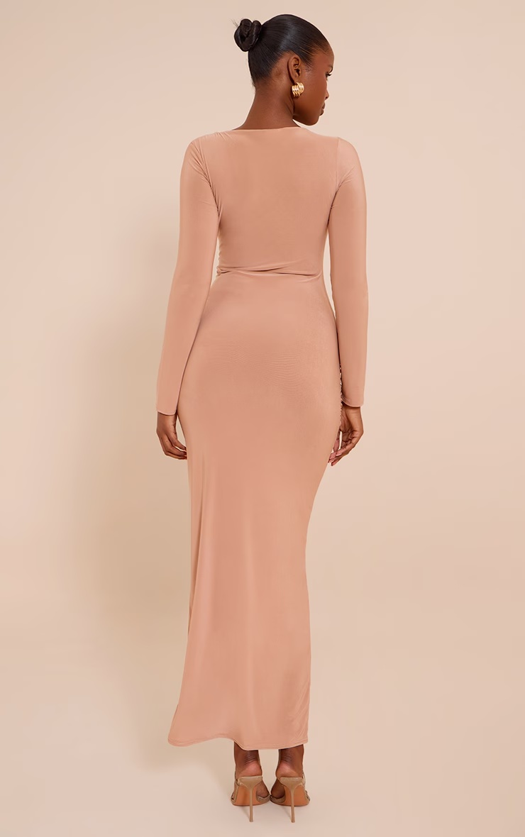 Beige Double Layer Slinky Cut Out Trim Detail Maxi Dress 5 Beige Double Layer Slinky Cut Out Trim Detail Maxi Dress