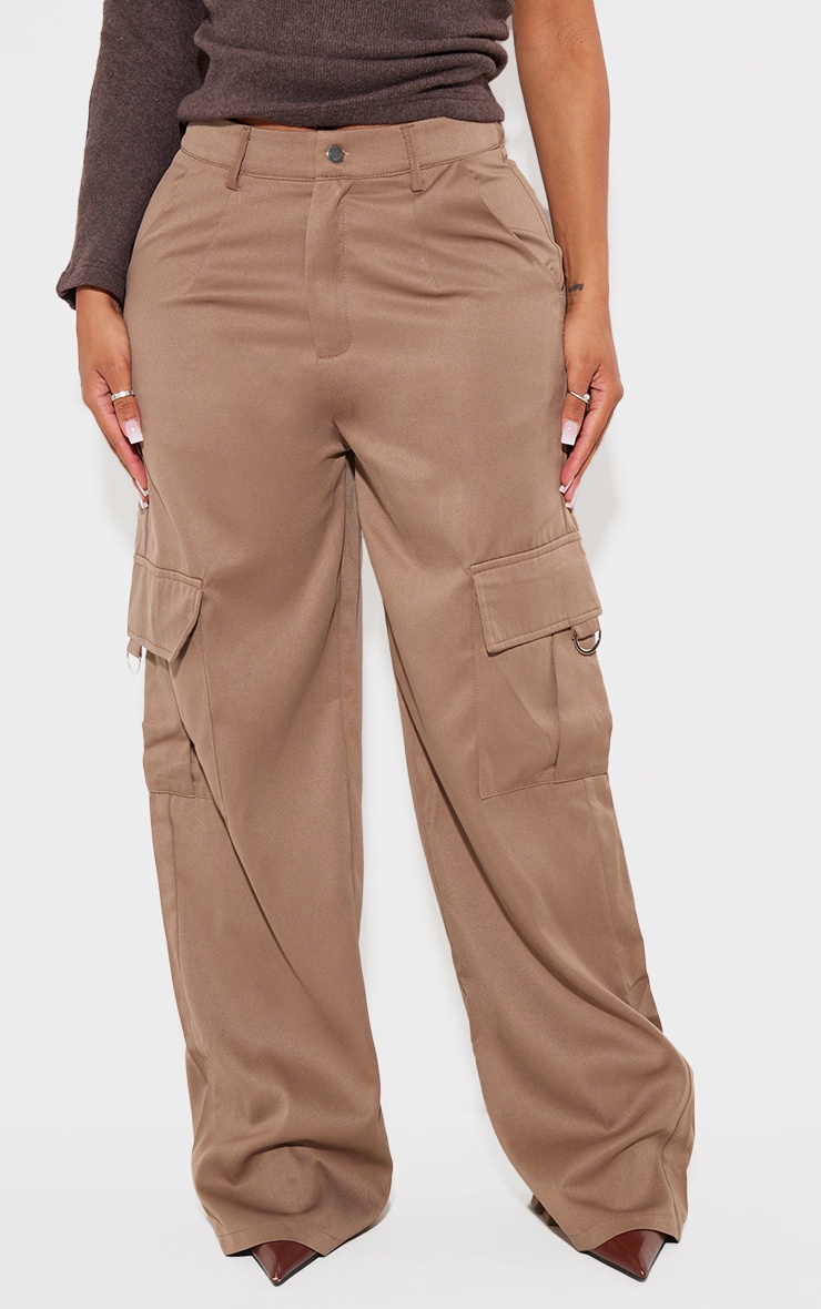 PRETTYLITTLETHING Shape Mocha Rose Buckle Detail Cargo Wide Leg Trousers