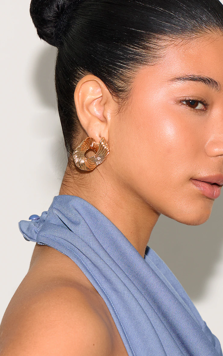 Gold Textured Asymmetrical Hoop Earrings