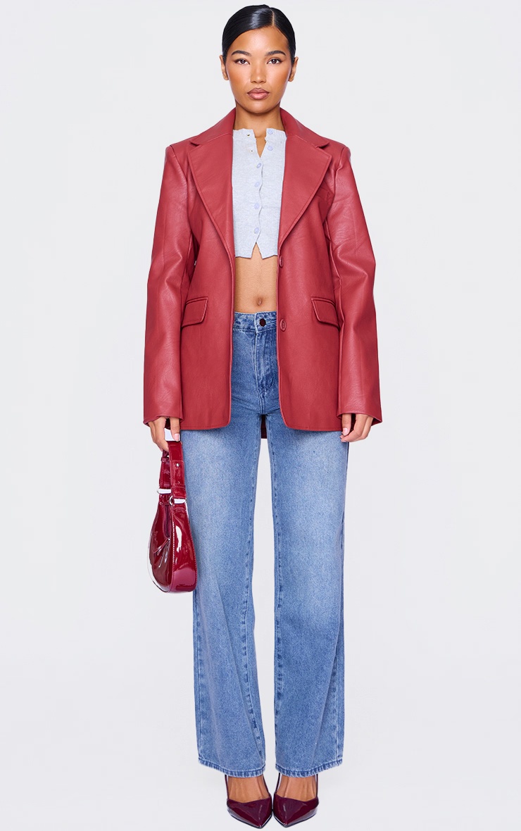 Cherry Red Textured Faux Leather Blazer 4 Cherry Red Textured Faux Leather Blazer