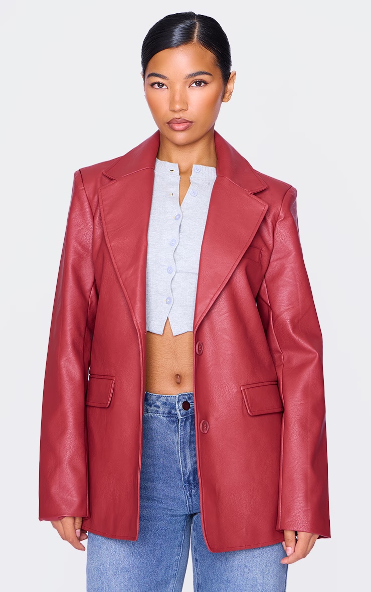 Cherry Red Textured Faux Leather Blazer 6 Cherry Red Textured Faux Leather Blazer