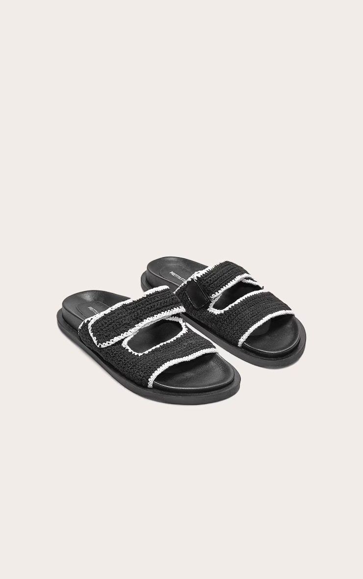 Black Contrast Round Toe Crochet Velcro Strap Flat Footbed Sandals 2 Black Contrast Round Toe Crochet Velcro Strap Flat Footbed Sandals