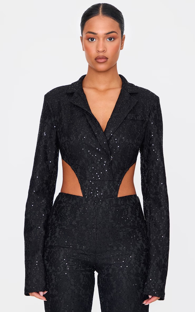 Tall Black Sequin Lace Bodysuit Blazer Jacket 4 Tall Black Sequin Lace Bodysuit Blazer Jacket