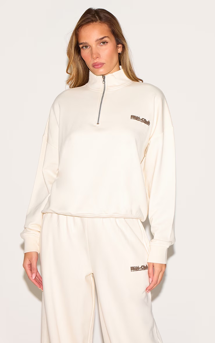 Cream Run Club Puff Print Quarter Zip Sweatshirt