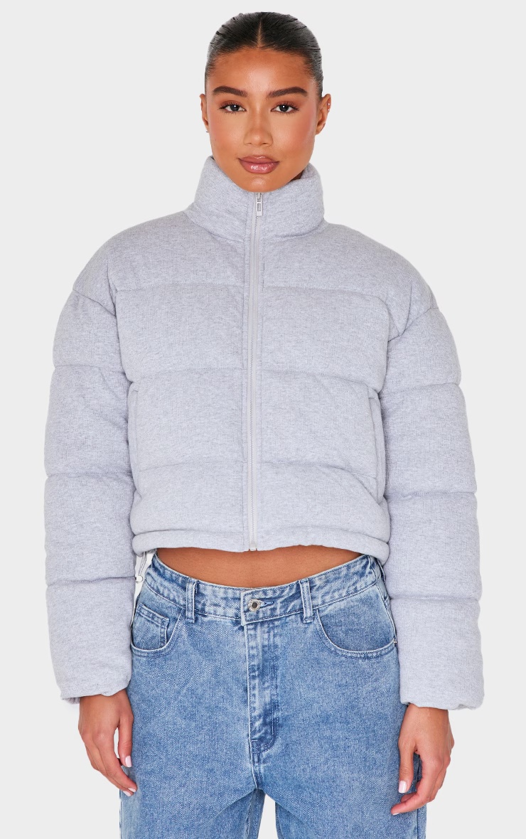 Grey Knit Jersey Cropped Padded Jacket