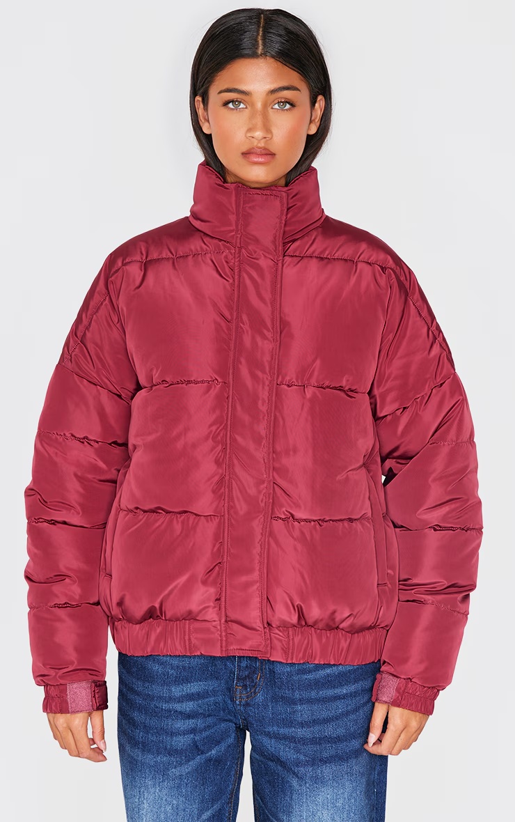 Burgundy Funnel Neck Padded Jacket