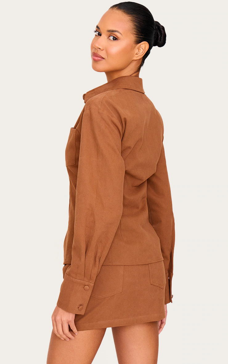 Tan Twill Button Up Cinched Waist Shirt 2 Tan Twill Button Up Cinched Waist Shirt