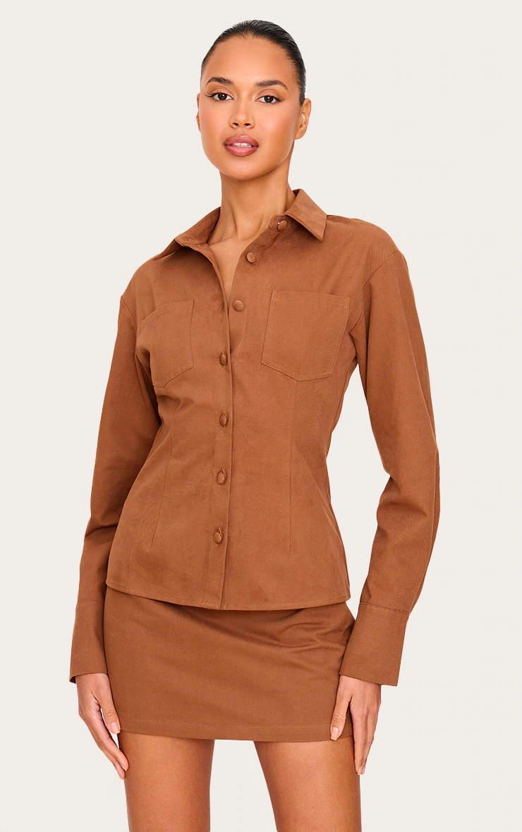 Tan Twill Button Up Cinched Waist Shirt 4 Tan Twill Button Up Cinched Waist Shirt