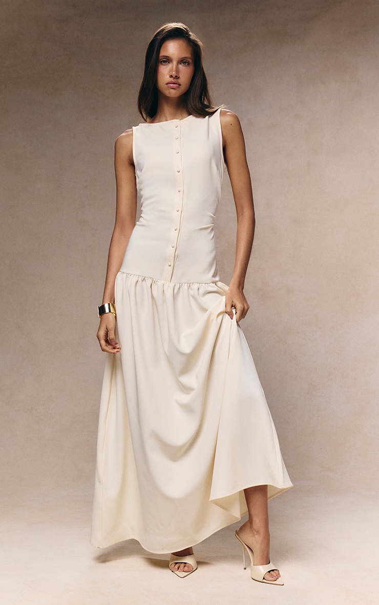 Cream Woven Button Dropped Waist Maxi Dress 1 Cream Woven Button Dropped Waist Maxi Dress
