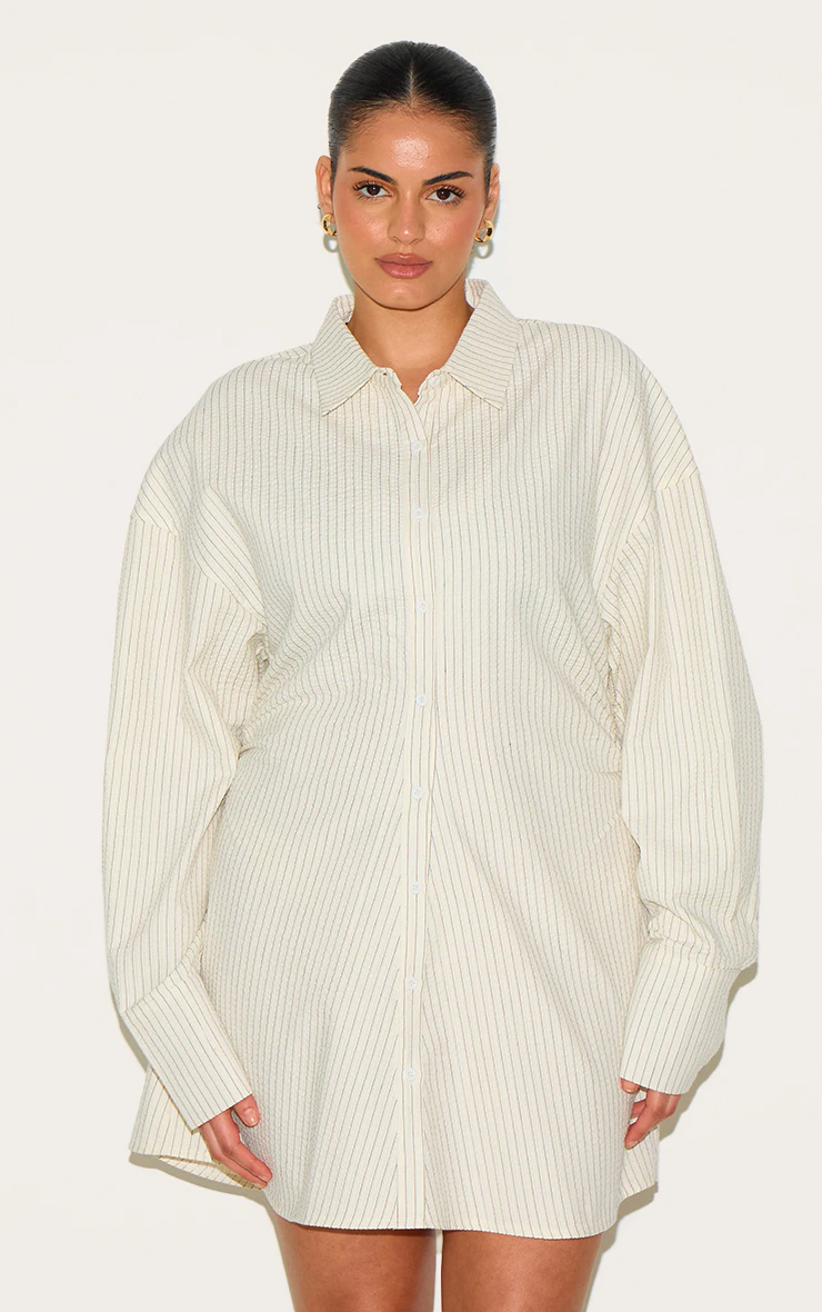 Plus Cream Pinstripe Seersucker Cinch Waist Shirt Dress 3 Plus Cream Pinstripe Seersucker Cinch Waist Shirt Dress