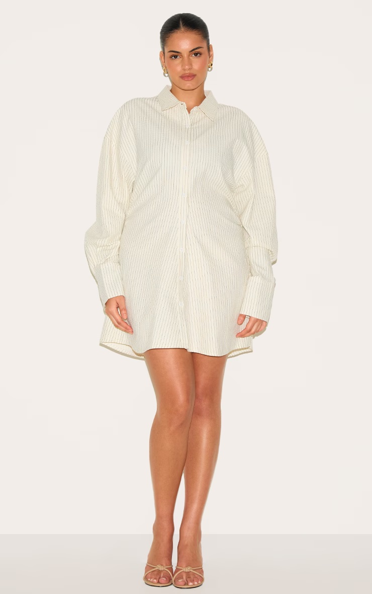 Plus Cream Pinstripe Seersucker Cinch Waist Shirt Dress 4 Plus Cream Pinstripe Seersucker Cinch Waist Shirt Dress
