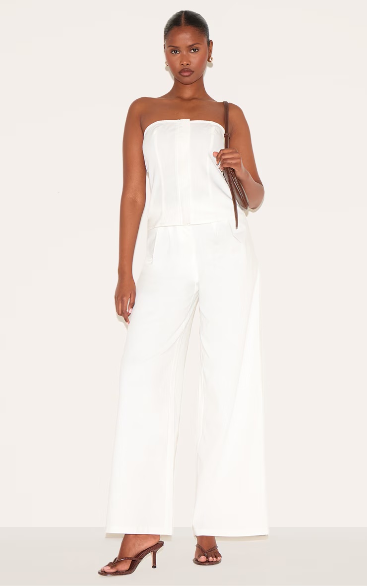 White Linen Blend Tailored Bandeau Wide Leg Jumpsuit 1 White Linen Blend Tailored Bandeau Wide Leg Jumpsuit