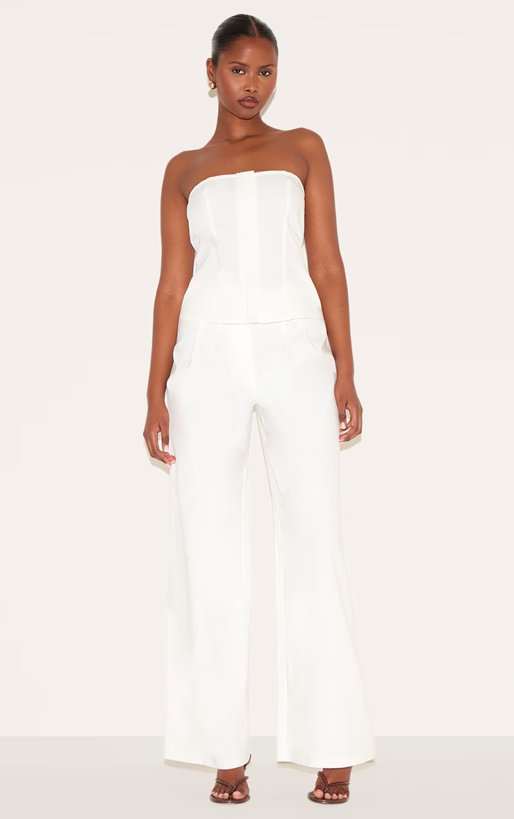 White Linen Blend Tailored Bandeau Wide Leg Jumpsuit 3 White Linen Blend Tailored Bandeau Wide Leg Jumpsuit