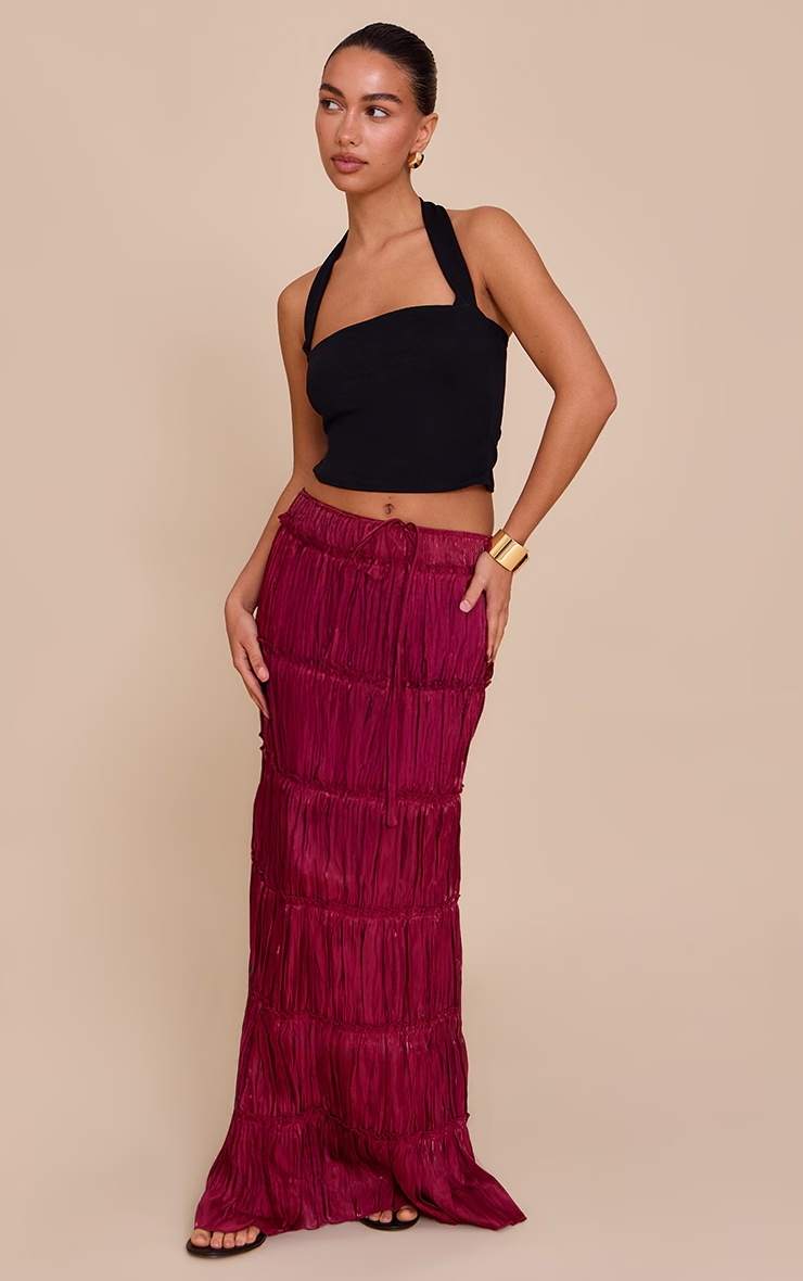 Deep Red Drawstring Frill Tiered Maxi Skirt 1 Deep Red Drawstring Frill Tiered Maxi Skirt