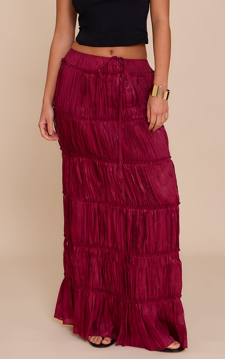 Deep Red Drawstring Frill Tiered Maxi Skirt 2 Deep Red Drawstring Frill Tiered Maxi Skirt