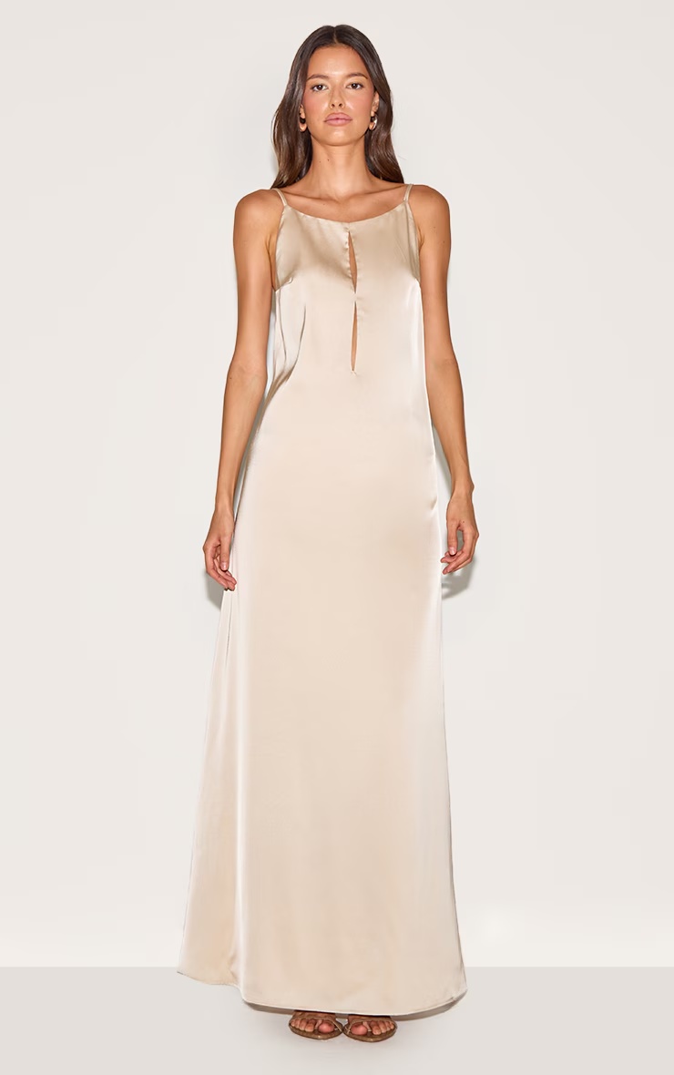 Natural Satin Keyhole Cut Out Slip Dress 1 Natural Satin Keyhole Cut Out Slip Dress