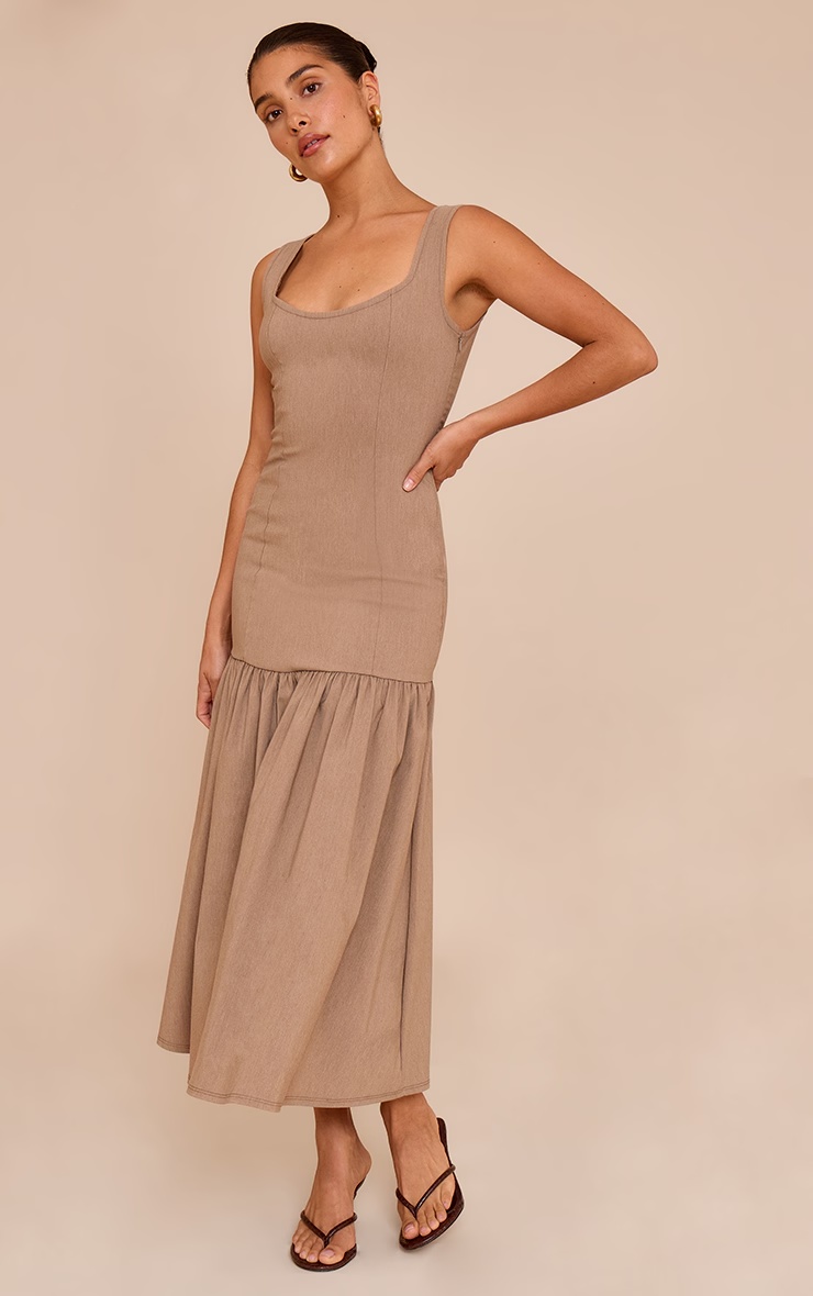 Petite Taupe Woven Scooped Drop Waist Pleated Maxi Dress 3 Petite Taupe Woven Scooped Drop Waist Pleated Maxi Dress