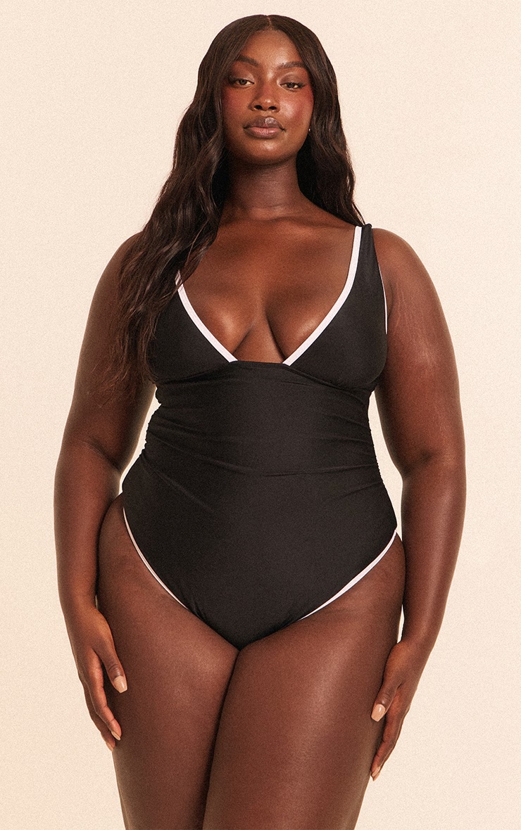 Plus Black Contrast Binding Plunge Ruched Swimsuit