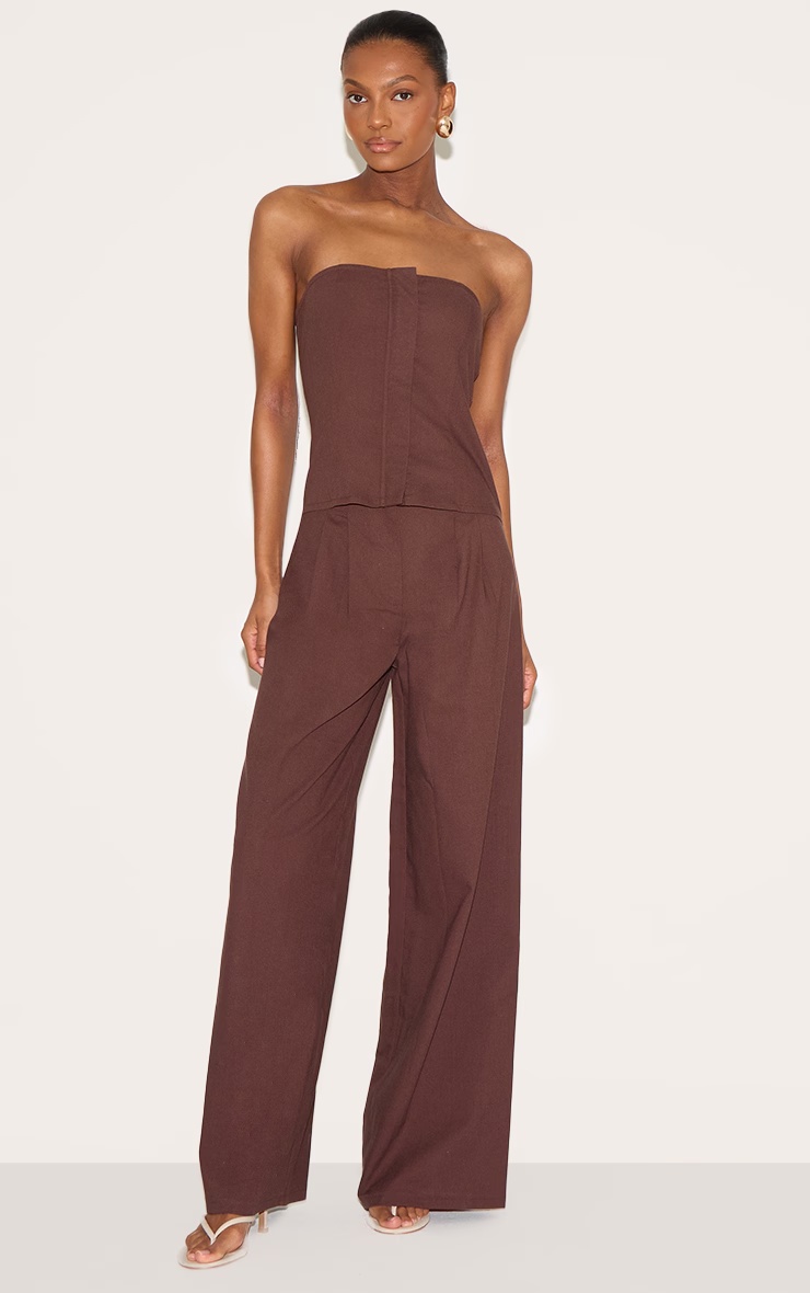 Chocolate Linen Blend Tailored Bandeau Wide Leg Jumpsuit 4 Chocolate Linen Blend Tailored Bandeau Wide Leg Jumpsuit