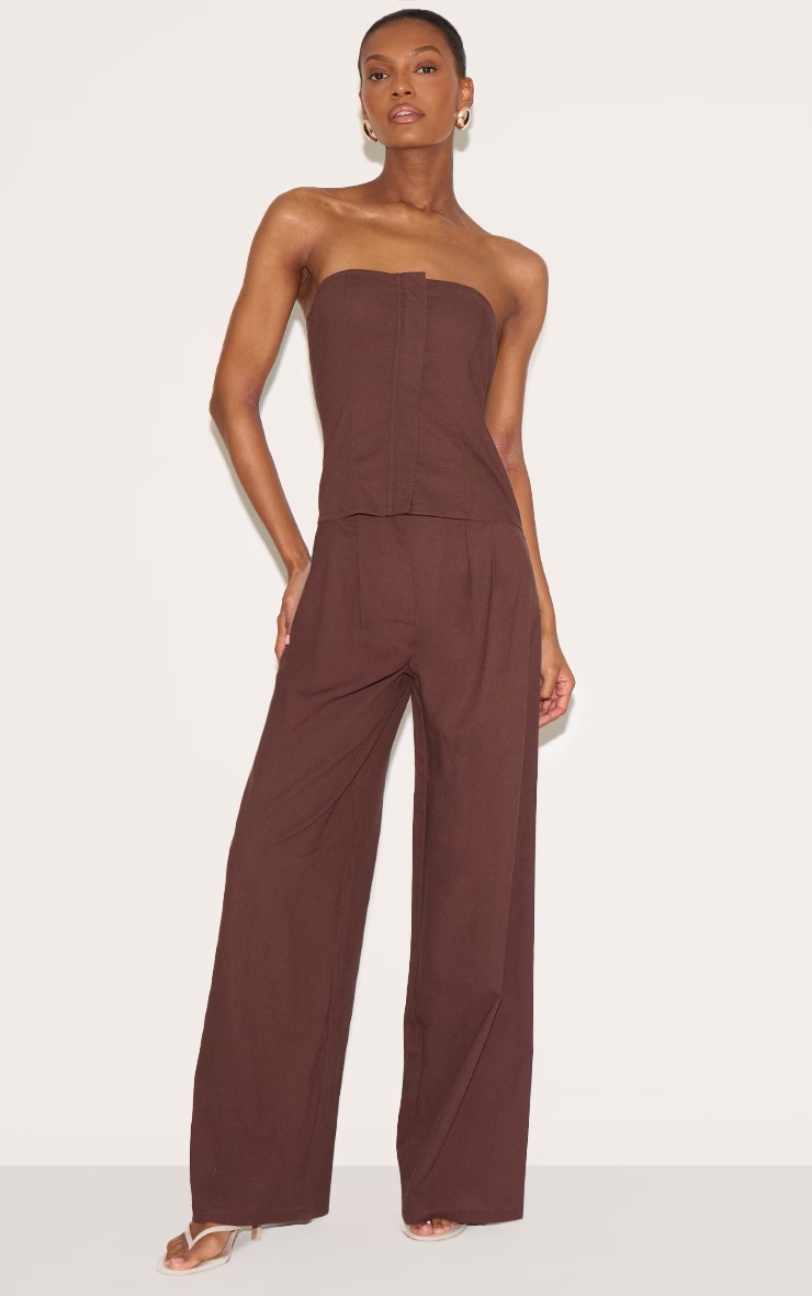 Chocolate Linen Blend Tailored Bandeau Wide Leg Jumpsuit 6 Chocolate Linen Blend Tailored Bandeau Wide Leg Jumpsuit