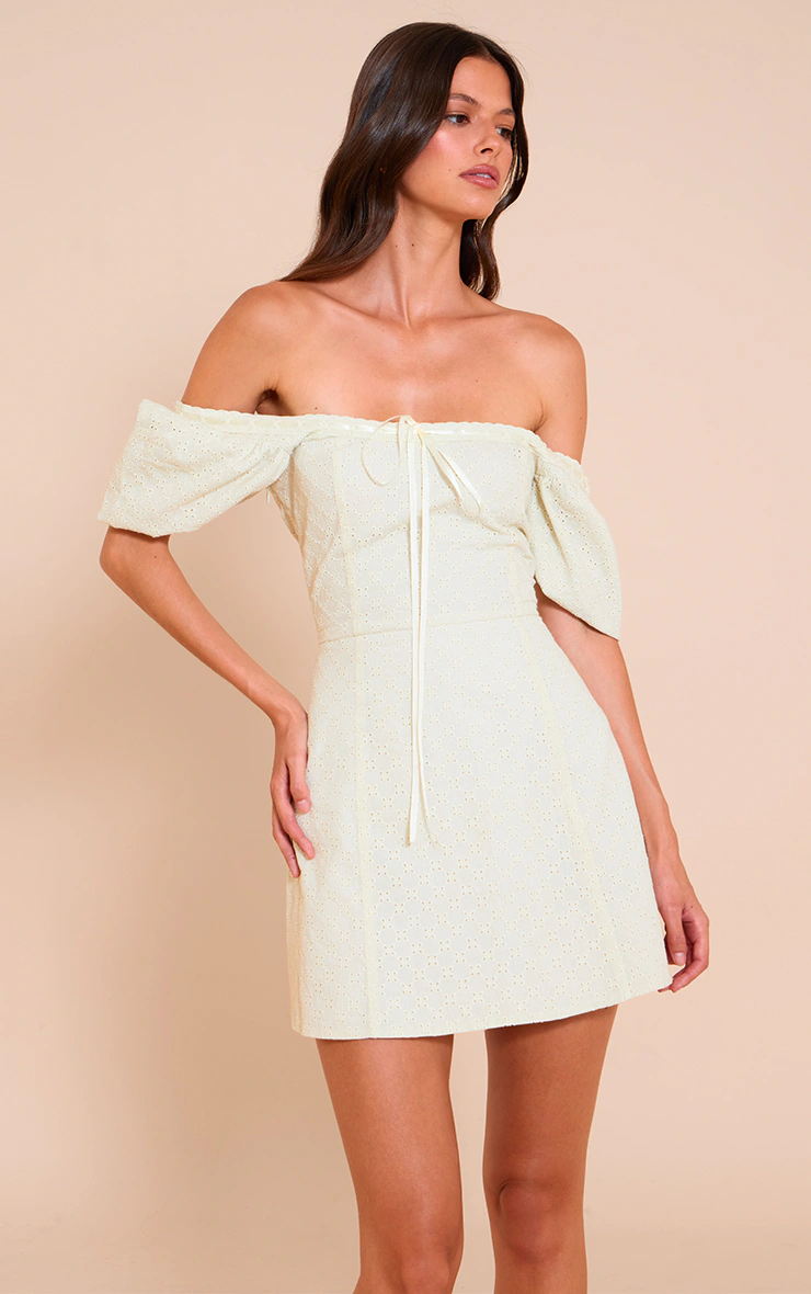 Cream Broderie Puff Sleeve A-line Mini Dress 4 Cream Broderie Puff Sleeve A-line Mini Dress