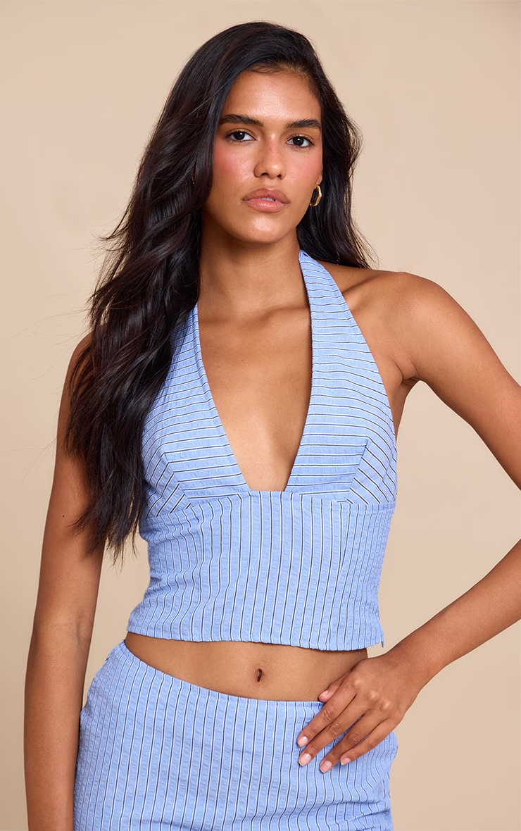 Blue Striped Halterneck Low Back Top
