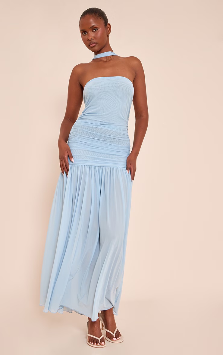 Light Blue Ruched Scarf Dropped Waist Maxi Dress 1 Light Blue Ruched Scarf Dropped Waist Maxi Dress