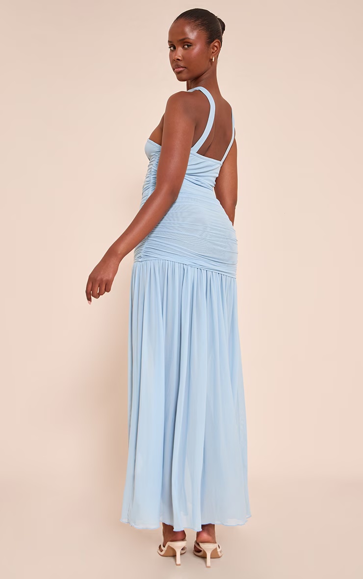 Light Blue Ruched Scarf Dropped Waist Maxi Dress 2 Light Blue Ruched Scarf Dropped Waist Maxi Dress