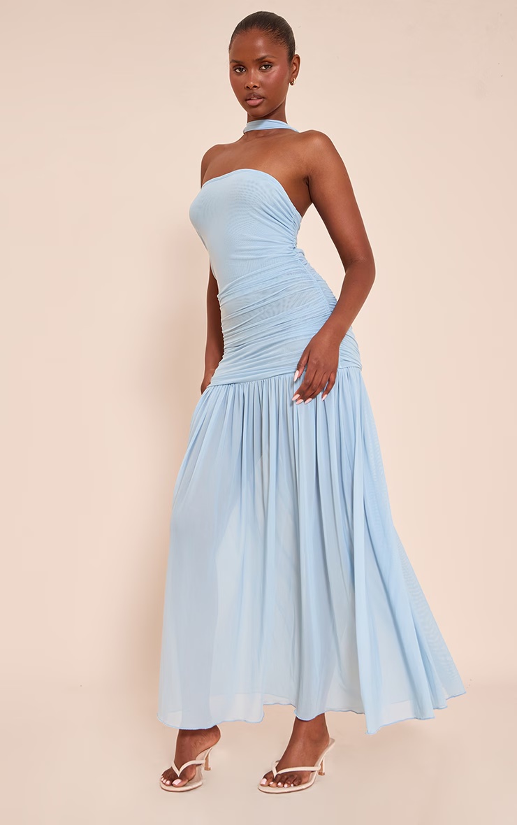 Light Blue Ruched Scarf Dropped Waist Maxi Dress 3 Light Blue Ruched Scarf Dropped Waist Maxi Dress