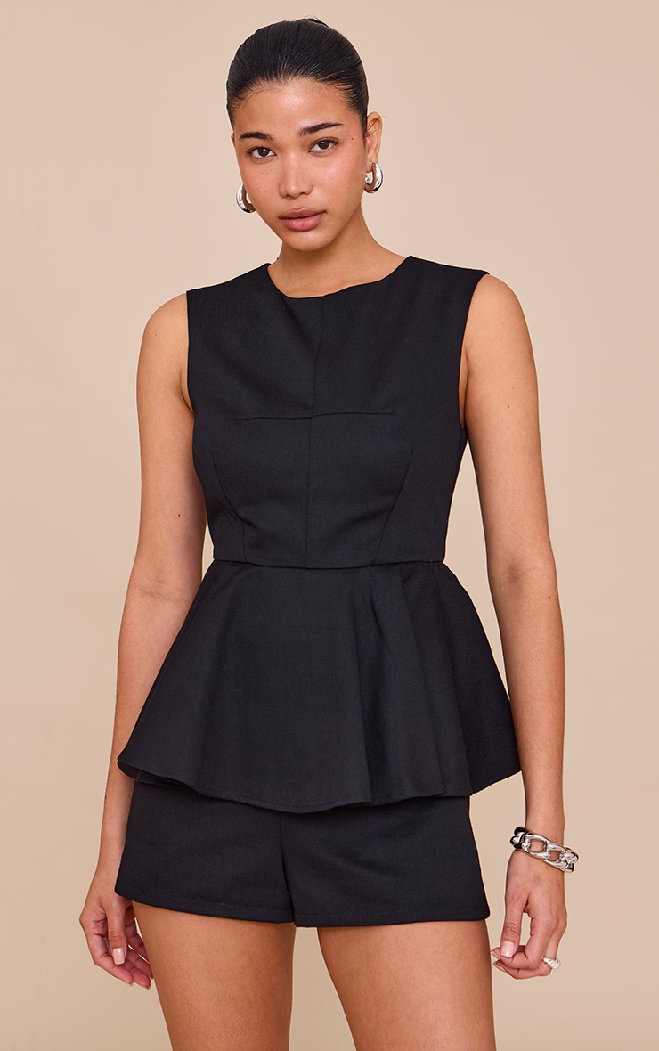 Black Cotton Peplum Skort Playsuit