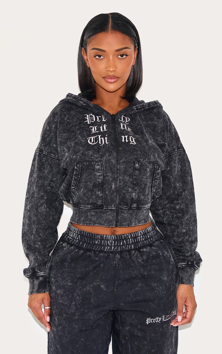 PRETTYLITTLETHING Shape Charcoal Grey Printed Zip Through Washed Hoodie